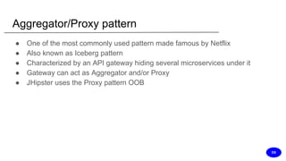 Aggregator/Proxy pattern
● One of the most commonly used pattern made famous by Netflix
● Also known as Iceberg pattern
● Characterized by an API gateway hiding several microservices under it
● Gateway can act as Aggregator and/or Proxy
● JHipster uses the Proxy pattern OOB
DS
 