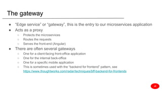 The gateway
● “Edge service” or “gateway”, this is the entry to our microservices application
● Acts as a proxy
○ Protects the microservices
○ Routes the requests
○ Serves the front-end (Angular)
● There are often several gateways
○ One for a client-facing front-office application
○ One for the internal back-office
○ One for a specific mobile application
○ This is sometimes used with the “backend for frontend” pattern, see
https://www.thoughtworks.com/radar/techniques/bff-backend-for-frontends
JD
 