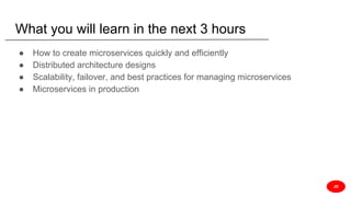 What you will learn in the next 3 hours
● How to create microservices quickly and efficiently
● Distributed architecture designs
● Scalability, failover, and best practices for managing microservices
● Microservices in production
JD
 