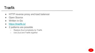Træfik
● HTTP reverse proxy and load balancer
● Open Source
● Written in Go
● https://traefik.io/
● 2 patterns are possible
○ Replace Zuul completely by Træfik
○ Use Zuul and Træfik together
JD
 