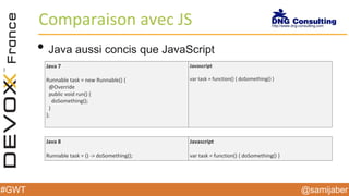 @samijaber#GWT
Comparaison avec JS
• Java aussi concis que JavaScript
Java 7
Runnable task = new Runnable() {
@Override
public void run() {
doSomething();
}
};
Javascript
var task = function() { doSomething() }
Java 8
Runnable task = () -> doSomething();
Javascript
var task = function() { doSomething() }
 