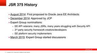 Copyright © 2015, Oracle and/or its affiliates. All rights reserved.11
JSR 375 History
§  August 2014: First proposed to ...