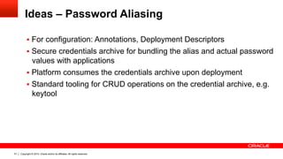 Copyright © 2015, Oracle and/or its affiliates. All rights reserved.51
Ideas – Password Aliasing
§  For configuration: An...
