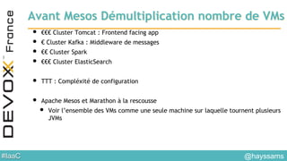 #IaaC
Avant Mesos Démultiplication nombre de VMs
• €€€ Cluster Tomcat : Frontend facing app
• € Cluster Kafka : Middleware de messages
• €€ Cluster Spark
• €€€ Cluster ElasticSearch
• TTT : Compléxité de configuration
• Apache Mesos et Marathon à la rescousse
• Voir l’ensemble des VMs comme une seule machine sur laquelle tournent plusieurs
JVMs
@hayssams
 