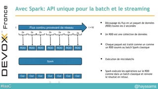 #IaaC
Avec Spark: API unique pour la batch et le streaming
Flux continu provevant de réseau
2s 2s 2s 2s 2s 2s 2s
t t +16
• Découpage du flux en un paquet de données
(RDD) toutes les 2 secondes
• Un RDD est une collection de données
RDD RDD RDD RDD RDD RDD RDD
• Chaque paquet est traité comme un comme
un RDD soumis au batch Spark classique
Out Out Out Out
D
Out
D
Out Out
• Spark exécute les opérations sur le RDD
comme dans un batch classique et renvoie
le résultat en retour.
Spark
• Exécution de microbatchs
@hayssams
 