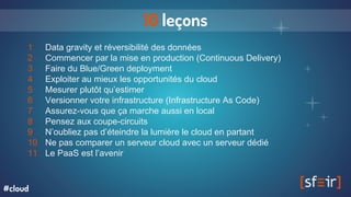 10 leçons
1 Data gravity et réversibilité des données
2 Commencer par la mise en production (Continuous Delivery)
3 Faire du Blue/Green deployment
4 Exploiter au mieux les opportunités du cloud
5 Mesurer plutôt qu’estimer
6 Versionner votre infrastructure (Infrastructure As Code)
7 Assurez-vous que ça marche aussi en local
8 Pensez aux coupe-circuits
9 N’oubliez pas d’éteindre la lumière le cloud en partant
10 Ne pas comparer un serveur cloud avec un serveur dédié
11 Le PaaS est l’avenir
#cloud
 