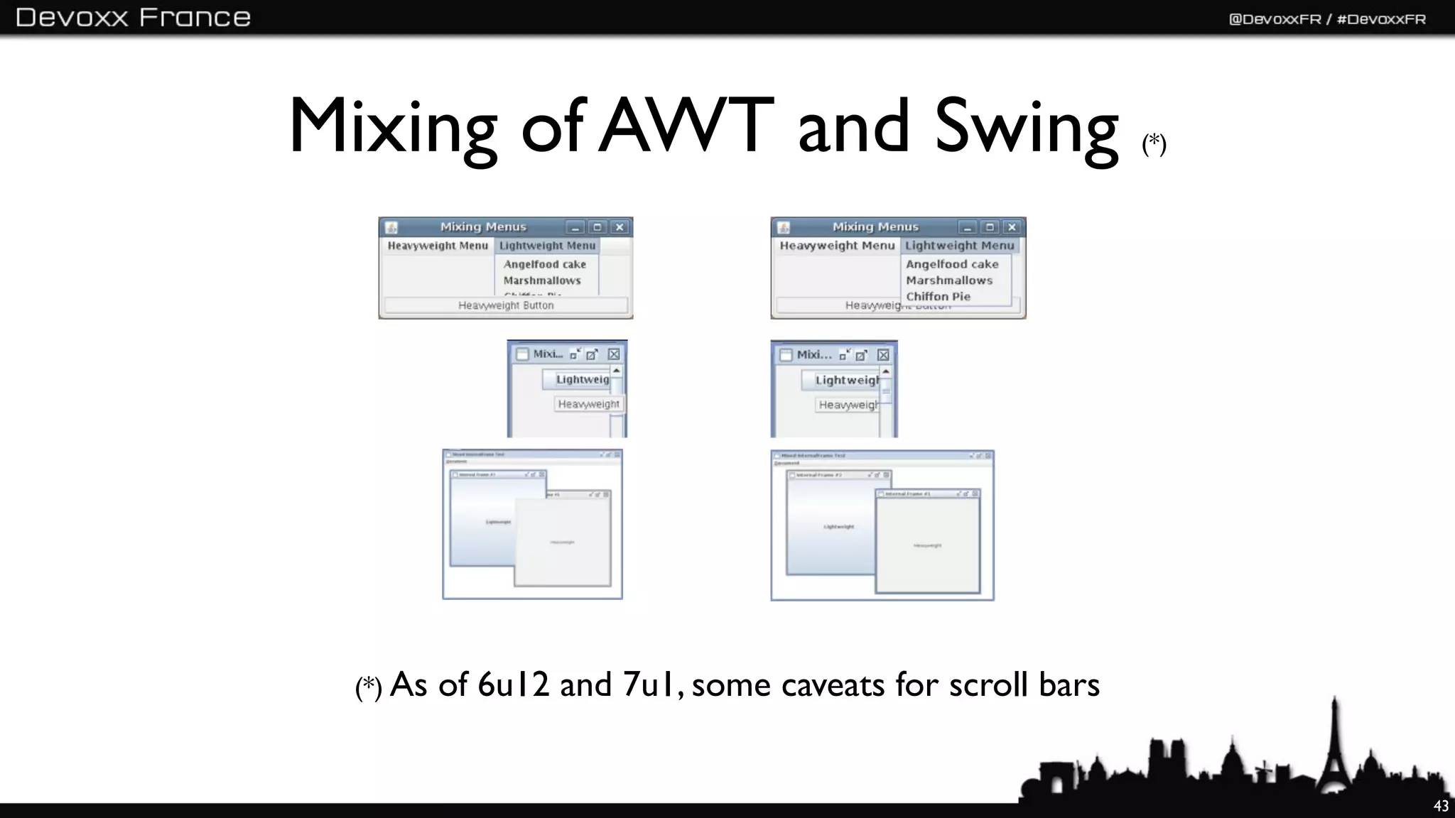 Mixing of AWT and Swing                                   (*)




 (*) As   of 6u12 and 7u1, some caveats for scroll bars


                                                                43
 