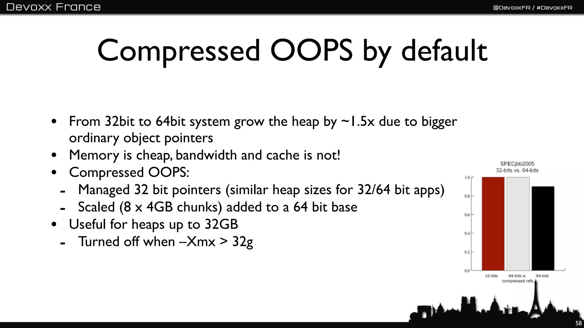 Compressed OOPS by default

• From 32bit to 64bit system grow the heap by ~1.5x due to bigger
  ordinary object pointers
• Memory is cheap, bandwidth and cache is not!
• Compressed OOPS:
 - Managed 32 bit pointers (similar heap sizes for 32/64 bit apps)
 - Scaled (8 x 4GB chunks) added to a 64 bit base
• Useful for heaps up to 32GB
 - Turned off when –Xmx > 32g



                                                                     58
 