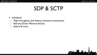 SDP & SCTP
• Inﬁniband
 - High throughput, low latency streamed connections
 - Remote Direct Memory Access
 - Solaris & Linux




                                                       29
 