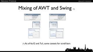 Mixing of AWT and Swing                                   (*)




 (*) As   of 6u12 and 7u1, some caveats for scroll bars


                                                                43
 