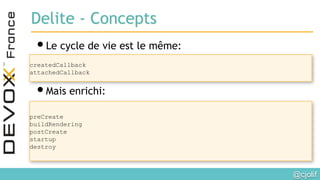 @cjolif	

Delite - Concepts
• Le cycle de vie est le même:
• Mais enrichi:
createdCallback
attachedCallback
preCreate
buildRendering
postCreate
startup
destroy
 