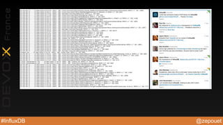 @zepouet#InfluxDB
Events, events… events
• Measurements (physical sensors…)
• Exceptions (applications)
• Page views
• User actions
• Commits Git
• Webapp Deployment
• Things appening in time
 
