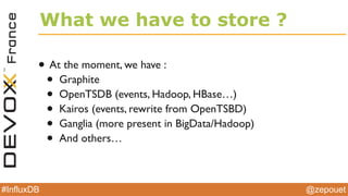 @zepouet#InfluxDB
What we have to collect ?
• At the moment, we have :
• CollectD
• Sensu
• DropWizard/Metrics
• JMXTrans
• Jolokia
 