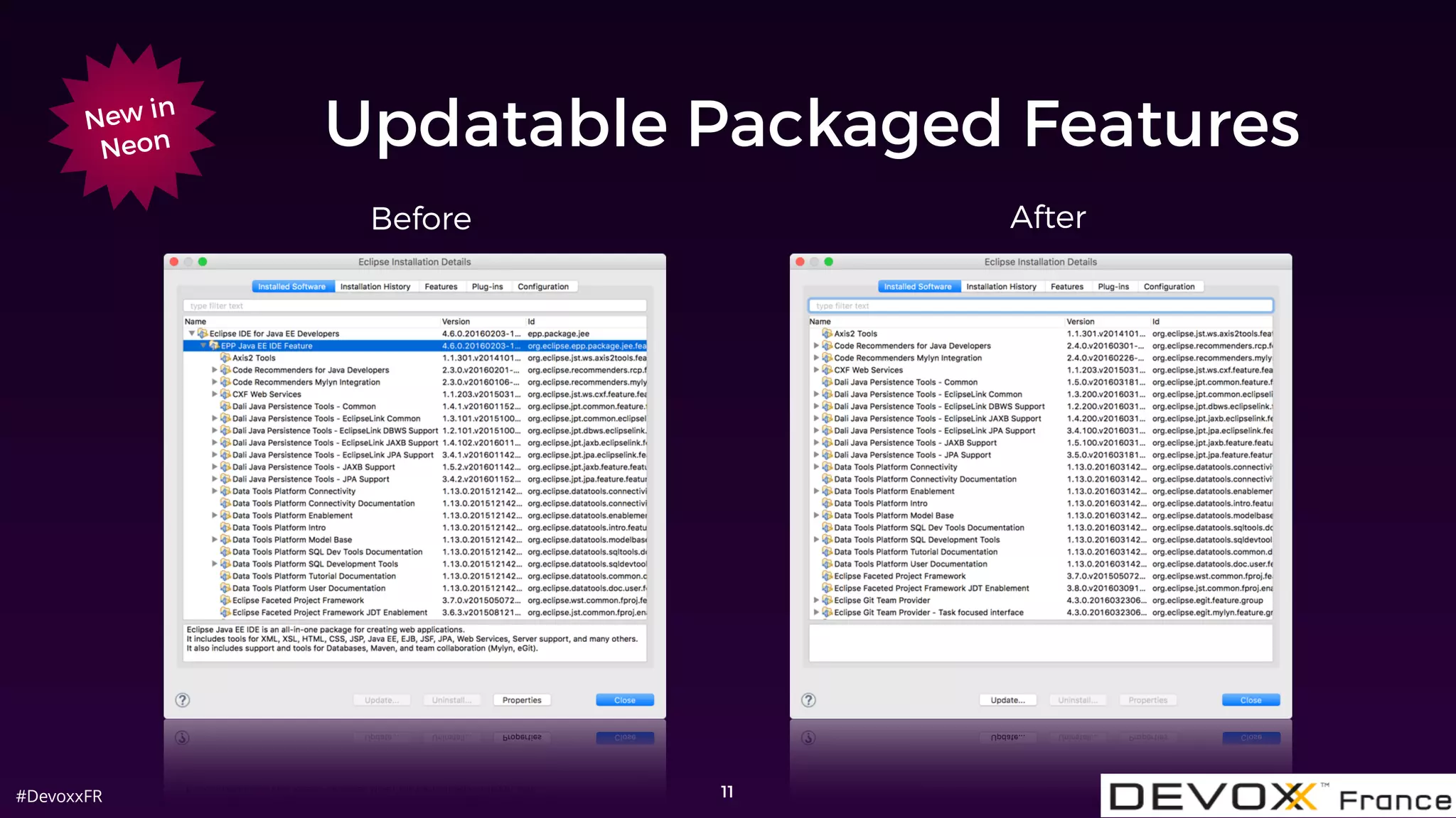 #DevoxxFR
Updatable Packaged Features
11
New in
Neon
Before After
 