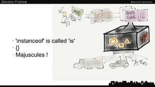 •
    'instanceof' is called 'is'
•
    {}
•
    Majuscules !
 