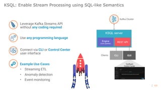 121
KSQL: Enable Stream Processing using SQL-like Semantics
Example Use Cases
• Streaming ETL
• Anomaly detection
• Event monitoring
Leverage Kafka Streams API
without any coding required
KSQL server
Engine
(runs queries)
REST API
CLIClients
Confluent
Control Center
GUI
Kafka Cluster
Use any programming language
Connect via CLI or Control Center
user interface
 
