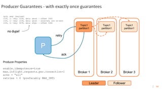 94
Producer Guarantees - with exactly once guarantees
P
Broker 1 Broker 2 Broker 3
Topic1
partition1
Leader Follower
Topic1
partition1
Topic1
partition1
Producer Properties
enable.idempotence=true
max.inflight.requests.per.connection=1
acks = “all”
retries > 0 (preferably MAX_INT)
(pid, seq) [payload]
(100, 1) {key: 1234, data: abcd} - offset 3345
(100, 1) {key: 1234, data: abcd} - rejected, ack re-sent
(100, 2) {key: 5678, data: efgh} - offset 3346
retry
ack
no dupe!
 