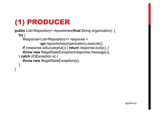 @aalmiray
(1) PRODUCER
public List<Repository> repositories(final String organization) {
try {
Response<List<Repository>> response =
api.repositories(organization).execute();
if (response.isSuccessful()) { return response.body(); }
throw new IllegalStateException(response.message());
} catch (IOException e) {
throw new IllegalStateException(e);
}
}
 