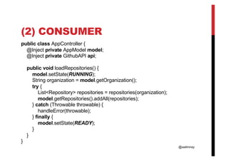 @aalmiray
(2) CONSUMER
public class AppController {
@Inject private AppModel model;
@Inject private GithubAPI api;
public void loadRepositories() {
model.setState(RUNNING);
String organization = model.getOrganization();
try {
List<Repository> repositories = repositories(organization);
model.getRepositories().addAll(repositories);
} catch (Throwable throwable) {
handleError(throwable);
} finally {
model.setState(READY);
}
}
}
 