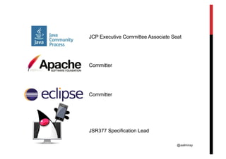@aalmiray
JCP Executive Committee Associate Seat
Committer
Committer
JSR377 Specification Lead
 
