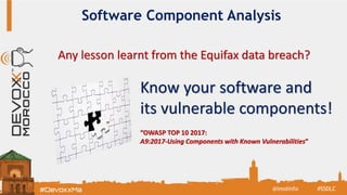 Software Component Analysis
Know your software and
its vulnerable components!
“OWASP TOP 10 2017:
A9:2017-Using Components with Known Vulnerabilities”
#SSDLC@imolinfo
Any lesson learnt from the Equifax data breach?
 