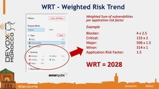 WRT - Weighted Risk Trend
#SSDLC@imolinfo
Weighted Sum of vulnerabilities
per application risk factor
Example
Blocker: 4 x 2.5
Critical: 133 x 2
Major: 508 x 1.5
Minor: 314 x 1
Application Risk Factor: 1.5
WRT = 2028
 