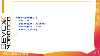 #GraphQlVsRest
@VladimirD_42
type Comment {
id: ID!
createdBy: Author!
belongsTo: Post!
text: String
}
 