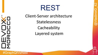 #GraphQlVsRest
@VladimirD_42
REST
Client-Server architecture
Statelessness
Cacheability
Layered system
 