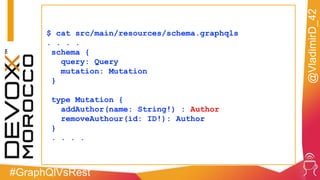 #GraphQlVsRest
@VladimirD_42
$ cat src/main/resources/schema.graphqls
. . . .
schema {
query: Query
mutation: Mutation
}
type Mutation {
addAuthor(name: String!) : Author
removeAuthour(id: ID!): Author
}
. . . .
 