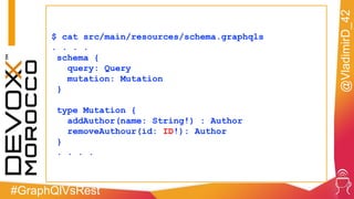 #GraphQlVsRest
@VladimirD_42
$ cat src/main/resources/schema.graphqls
. . . .
schema {
query: Query
mutation: Mutation
}
type Mutation {
addAuthor(name: String!) : Author
removeAuthour(id: ID!): Author
}
. . . .
 
