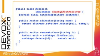 #GraphQlVsRest
@VladimirD_42
public class Mutation
implements GraphQLRootResolver {
private final AuthorRepository authRepo;
public Author addAuthor(String name) {
return authRepo.save(new Author(null, name));
}
public Author removeAuthour(String id) {
Author auth = authRepo.findOne(id);
authRepo.delete(id); return auth;
}
}
 