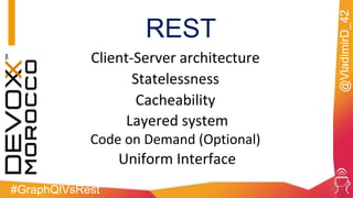 #GraphQlVsRest
@VladimirD_42
REST
Client-Server architecture
Statelessness
Cacheability
Layered system
Code on Demand (Optional)
Uniform Interface
 