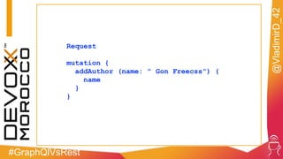 #GraphQlVsRest
@VladimirD_42
Request
mutation {
addAuthor (name: " Gon Freecss") {
name
}
}
 