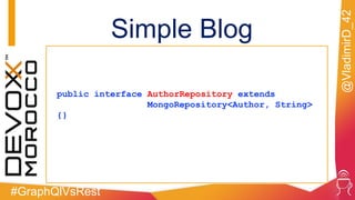 #GraphQlVsRest
@VladimirD_42
public interface AuthorRepository extends
MongoRepository<Author, String>
{}
Simple Blog
 