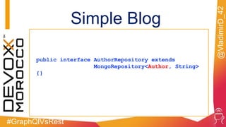 #GraphQlVsRest
@VladimirD_42
public interface AuthorRepository extends
MongoRepository<Author, String>
{}
Simple Blog
 