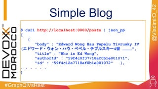 #GraphQlVsRest
@VladimirD_42
$ curl http://localhost:8080/posts | json_pp
[
{
"body" : "Edward Wong Hau Pepelu Tivrusky IV
(エドワード・ウォン・ハウ・ペペル・チブルスキー4世 …………",
"title" : "Who is Ed Wong",
"authorId" : "59f4c0f37718af0b1e001071",
"id" : "59f4c12e7718af0b1e001072" },
. . . . . .
]
Simple Blog
 