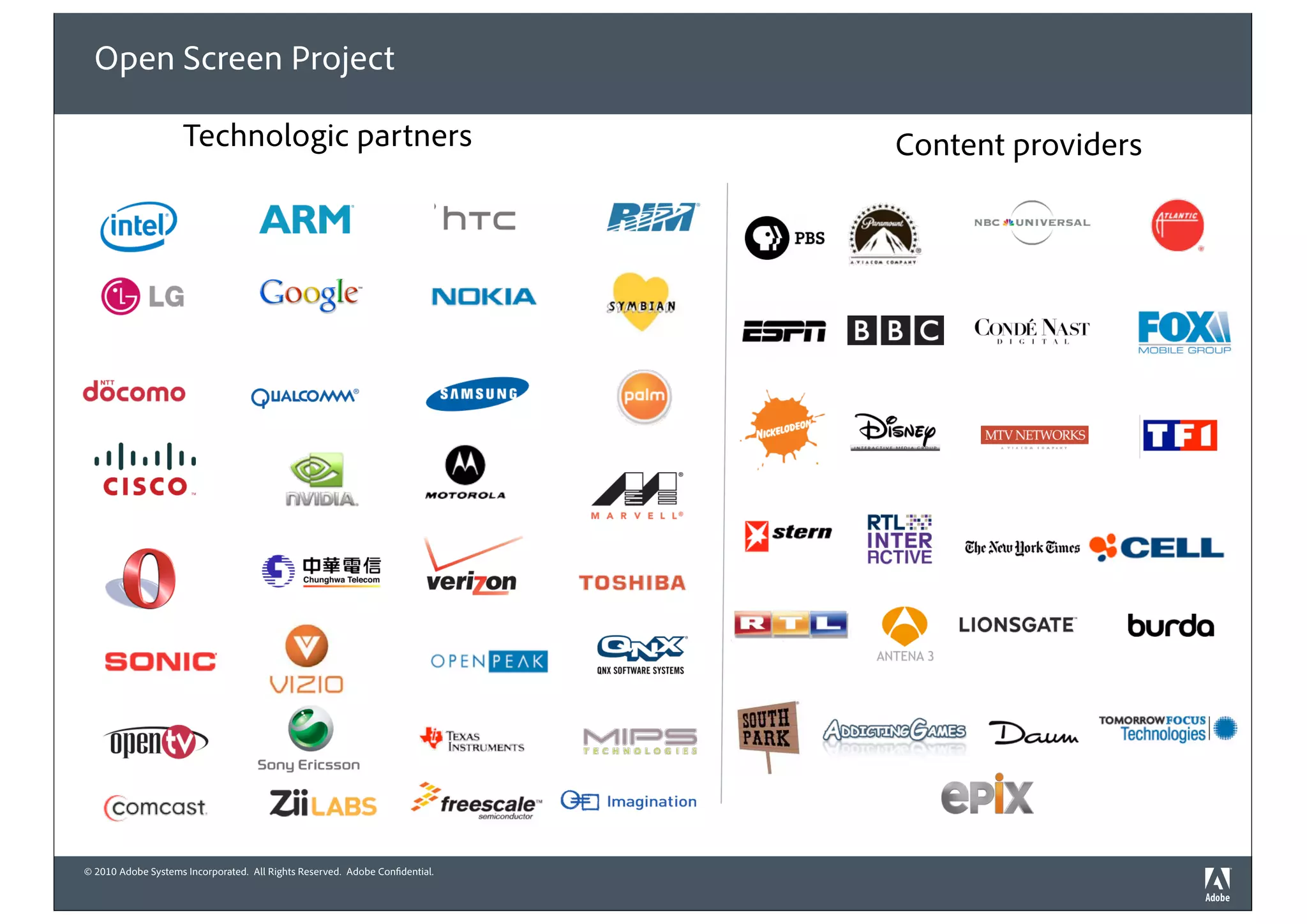 © 2010 Adobe Systems Incorporated. All Rights Reserved. Adobe Confidential.
Technologic partners
Open Screen Project
Content providers
 