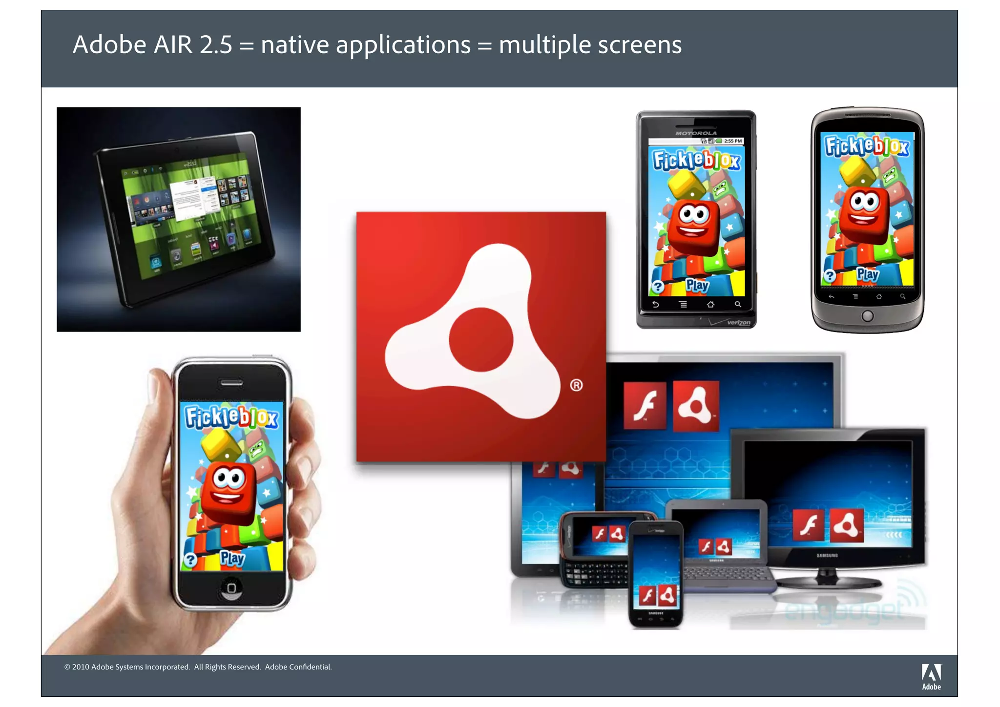 © 2010 Adobe Systems Incorporated. All Rights Reserved. Adobe Confidential.
Adobe AIR 2.5 = native applications = multiple screens
 