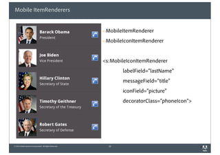 © 2010 Adobe Systems Incorporated. All Rights Reserved.
Mobile ItemRenderers
! MobileItemRenderer
! MobileIconItemRenderer
<s:MobileIconItemRenderer
labelField="lastName"
messageField="title"
iconField="picture"
decoratorClass=”phoneIcon">
20 4
 