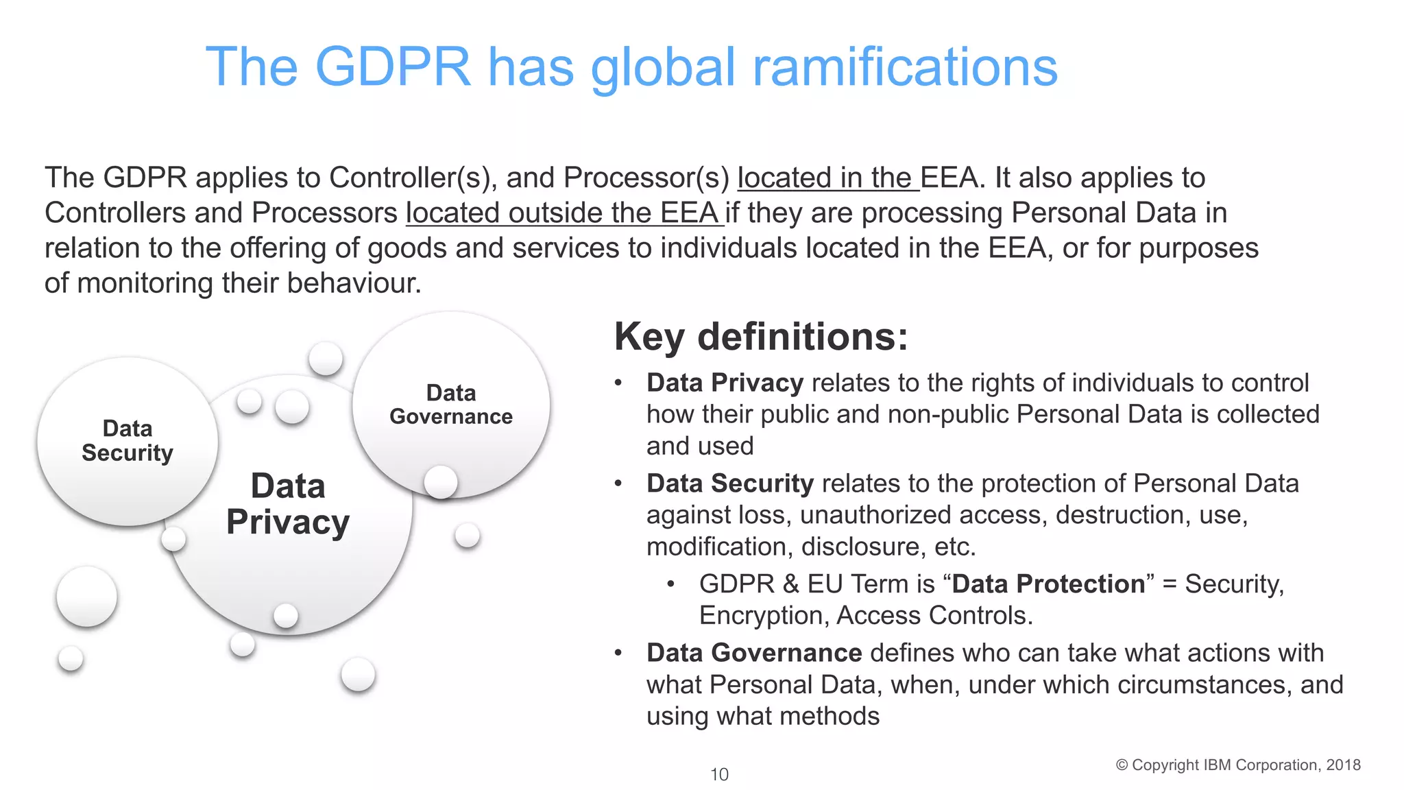 © Copyright IBM Corporation, 2018
The GDPR has global ramifications
• Data Privacy relates to the rights of individuals to control
how their public and non-public Personal Data is collected
and used
• Data Security relates to the protection of Personal Data
against loss, unauthorized access, destruction, use,
modification, disclosure, etc.
• GDPR & EU Term is “Data Protection” = Security,
Encryption, Access Controls.
• Data Governance defines who can take what actions with
what Personal Data, when, under which circumstances, and
using what methods
The GDPR applies to Controller(s), and Processor(s) located in the EEA. It also applies to
Controllers and Processors located outside the EEA if they are processing Personal Data in
relation to the offering of goods and services to individuals located in the EEA, or for purposes
of monitoring their behaviour.
Key definitions:
Data
Privacy
Data
Security
Data
Governance
10
 