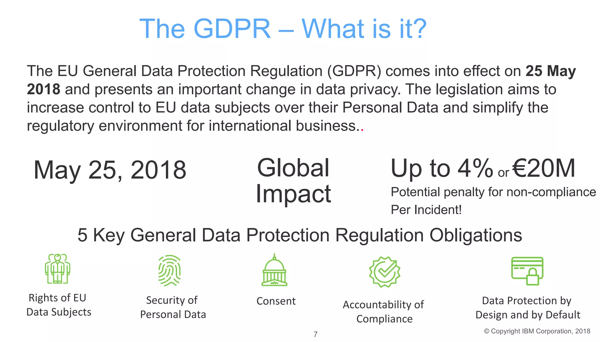 © Copyright IBM Corporation, 2018
May 25, 2018
The GDPR – What is it?
Up to 4%or €20M
Potential penalty for non-compliance
Per Incident!
Global
Impact
5 Key General Data Protection Regulation Obligations
Rights of EU
Data Subjects
Security of
Personal Data
Consent Accountability of
Compliance
Data Protection by
Design and by Default
The EU General Data Protection Regulation (GDPR) comes into effect on 25 May
2018 and presents an important change in data privacy. The legislation aims to
increase control to EU data subjects over their Personal Data and simplify the
regulatory environment for international business..
7 7
 