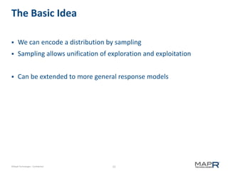 23©MapR Technologies - Confidential
The Basic Idea
 We can encode a distribution by sampling
 Sampling allows unification of exploration and exploitation
 Can be extended to more general response models
 