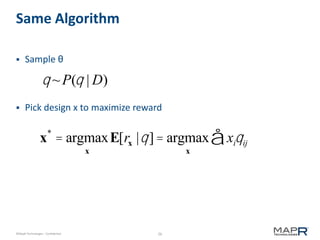 26©MapR Technologies - Confidential
Same Algorithm
 Sample θ
 Pick design x to maximize reward
q ~P(q | D)
x*
= argmax
x
E[rx |q]= argmax
x
xiqijå
 