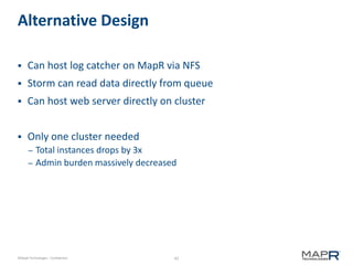 42©MapR Technologies - Confidential
Alternative Design
 Can host log catcher on MapR via NFS
 Storm can read data directly from queue
 Can host web server directly on cluster
 Only one cluster needed
– Total instances drops by 3x
– Admin burden massively decreased
 