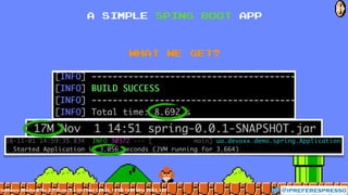 29
@ipreferespresso
What we get?
A SIMPLE SPING BOOT app
hardware: MacBook Pro 2013 Late, 2.6 GHz Intel Core i5, 16 GB 1600 MHz DDR3, SSD
 