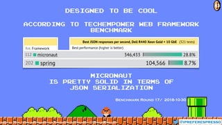 DESIGNED TO BE COOL
@ipreferespressoimage src: https://www.techempower.com/benchmarks/#section=data-r17&hw=ph&test=json
according to TechEmpower web framework
benchmark
Micronaut  
is pretty solid in terms of  
JSON serialization
Benchmark Round 17/ 2018-10-30
43
 