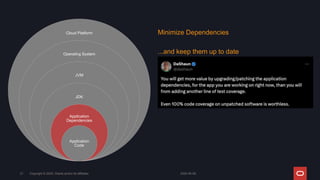 2024-05-08
Copyright © 2024, Oracle and/or its affiliates
21
Minimize Dependencies
...and keep them up to date
Cloud Platform
Operating System
JVM
JDK
Application
Dependencies
Application
Code
 