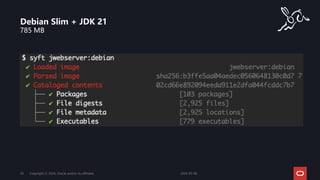 785 MB
Debian Slim + JDK 21
2024-05-08
Copyright © 2024, Oracle and/or its affiliates
29
 