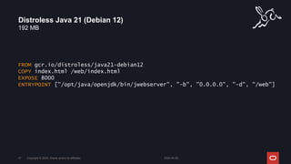 192 MB
Distroless Java 21 (Debian 12)
2024-05-08
Copyright © 2024, Oracle and/or its affiliates
37
FROM gcr.io/distroless/java21-debian12
COPY index.html /web/index.html
EXPOSE 8000
ENTRYPOINT ["/opt/java/openjdk/bin/jwebserver", "-b", "0.0.0.0", "-d", "/web"]
 