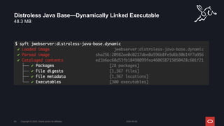 48.3 MB
Distroless Java Base—Dynamically Linked Executable
2024-05-08
Copyright © 2024, Oracle and/or its affiliates
60
 